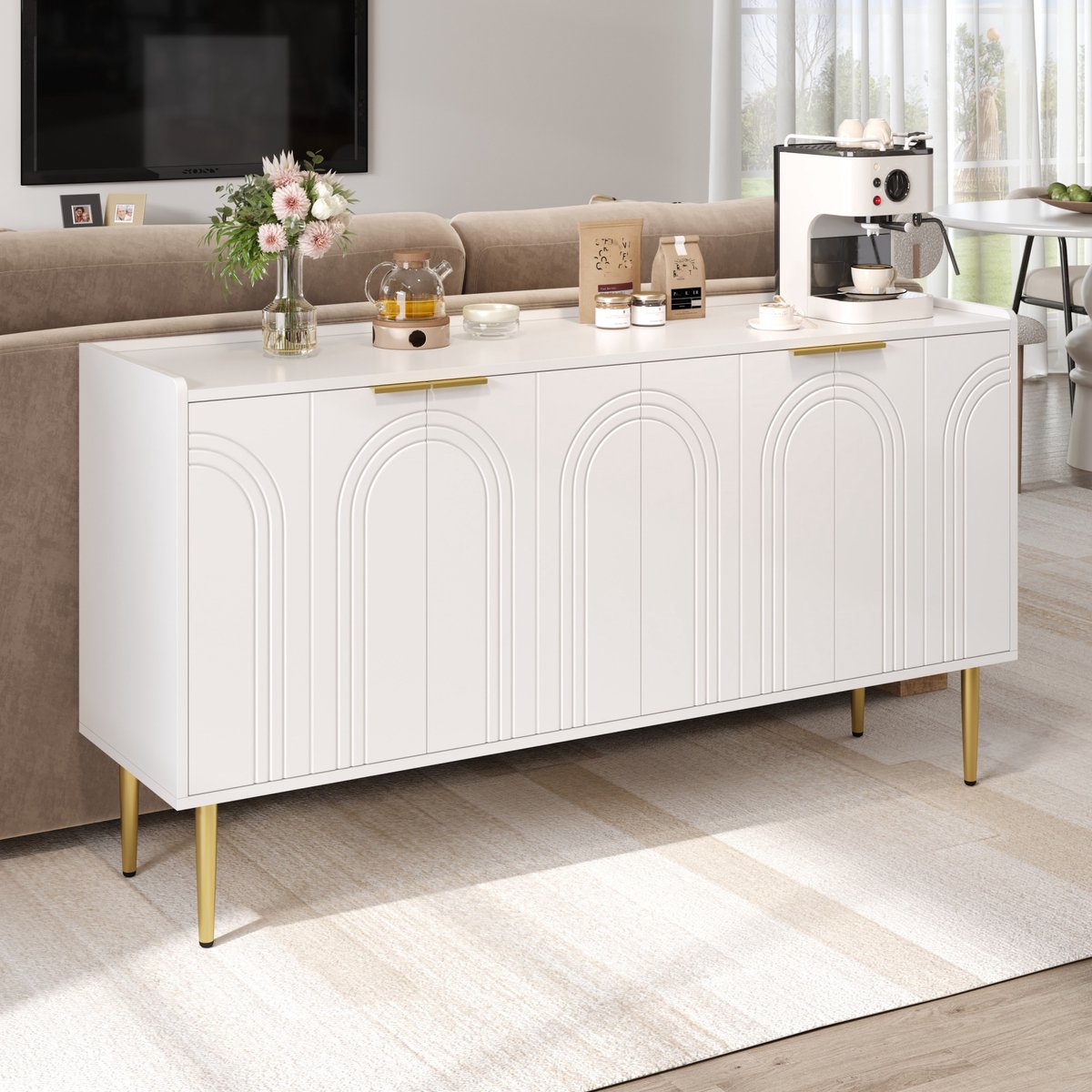 STILVORA Dressoir – Modern Luxe Met Gebogen Geperste Deuren En Gouden Poten – 4 Deuren Met