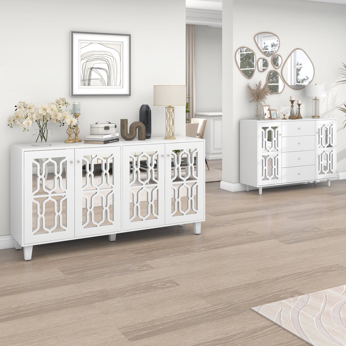 STILVORA Dressoir Spiegelend - Hoogglans Spiegelfront Met Kristalgrepen - 4 Deuren Met Verstelbare Plank Voor Woonkamer En Hal - MDF - 160x40x84 cm - Wit