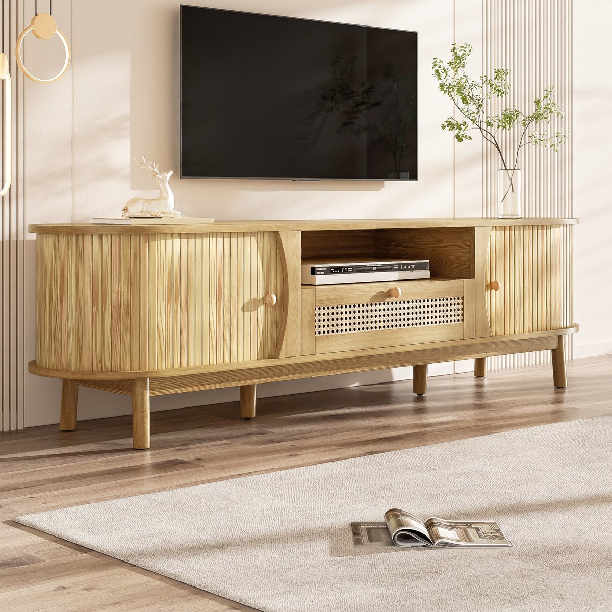 REDOM TV-meubel 165x37x46 cm van MDF, rattan lades en schuifdeur, landelijk, massief houten poten Natuurlijk