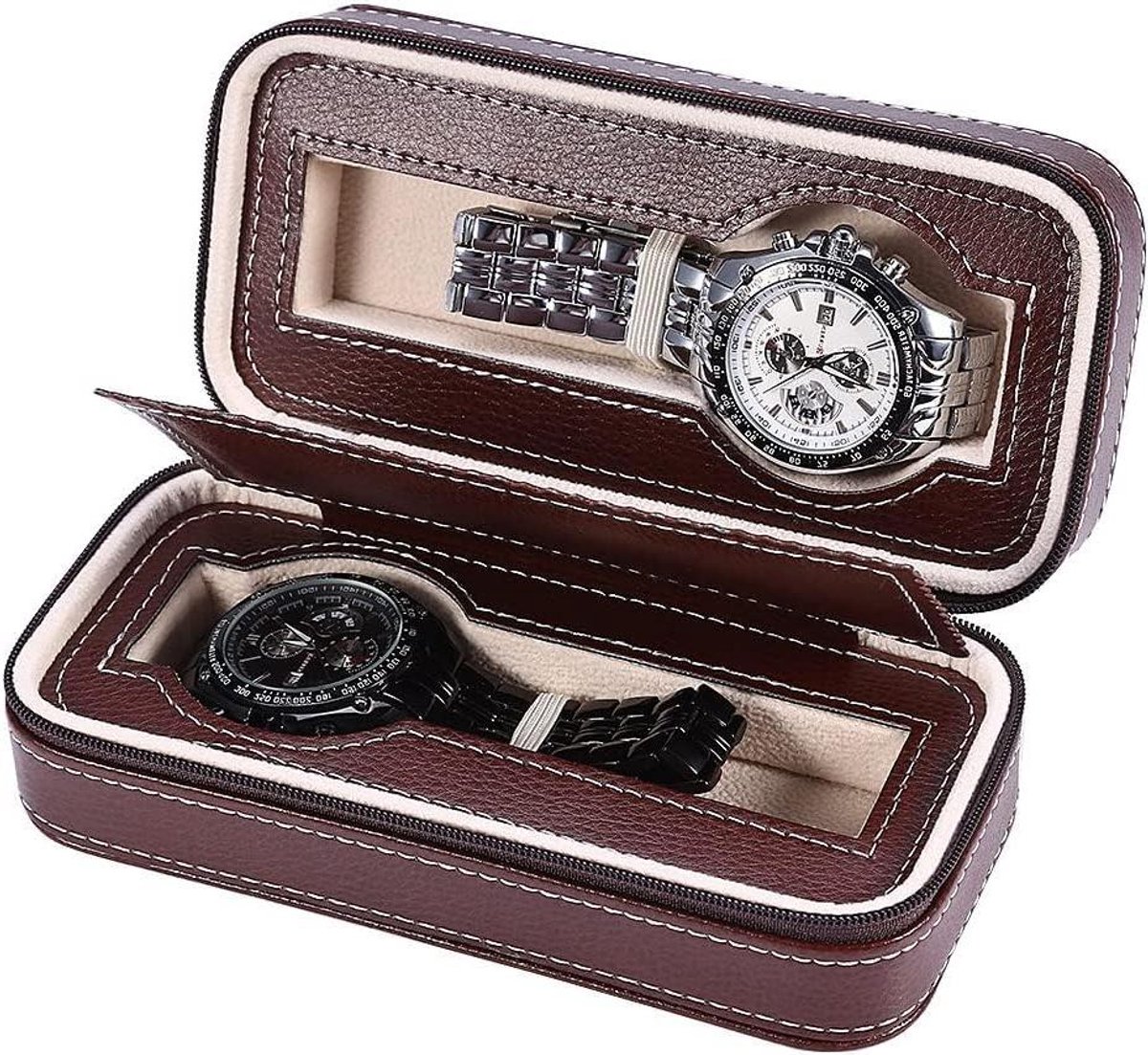 SouqOne - Draagbare horlogeorganisator - Horlogedoos met 2 vakken - Sieradenstandaard - Reishorloge-opbergdoos - Kunstleer met ritssluiting - Geschikt voor horloges - Zwart met rood accent