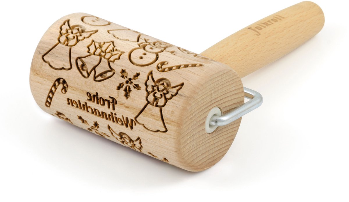 Folkroll gebakroller Vrolijk kerstfeest, mini, 9,5 cm, deegroller, embossingroller, patroon, motief, roller, beukenhout, 334959