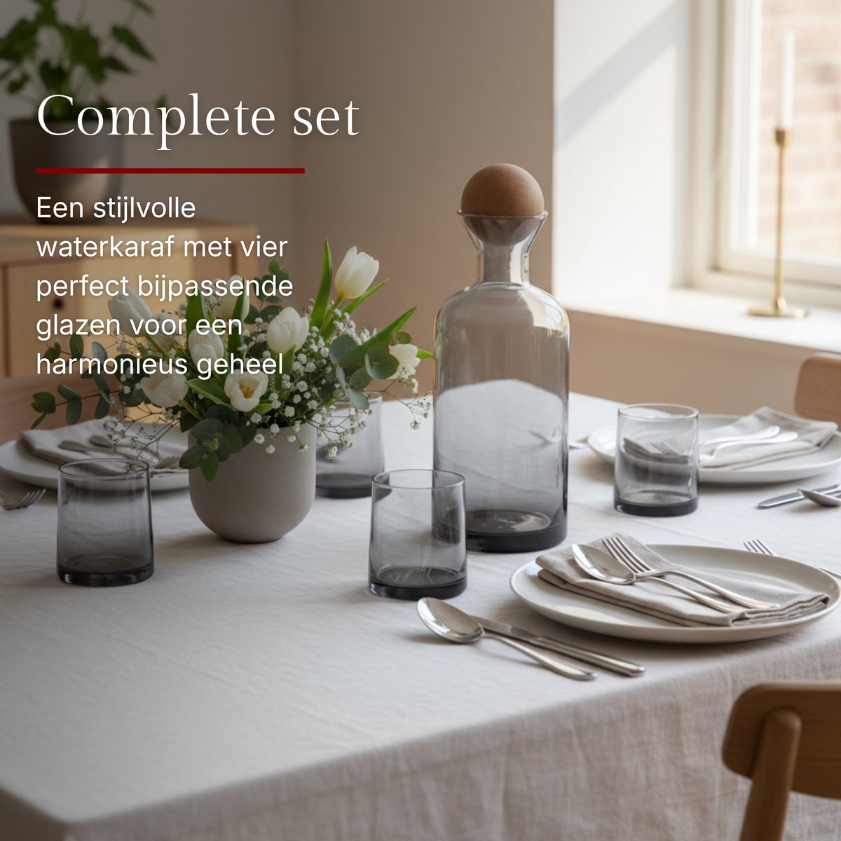 Mémoire® Acqua di Fumo Waterkaraf Set – Luxe Water Karaf met 4 Bijpassende Glazen en Houten Bal– Gerookt Glas Effect – Inclusief Houten Afsluitbal – Design Tafelset – Stijlvol Cadeau voor Thuis, Tafel en Designliefhebbers — cadeau in Koken & Dineren - foto 4