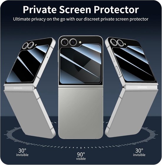 Privacy screenprotector voor Samsung Z Flip in zilver, zichtbaar op 90 graden, onzichtbaar op 30 graden.