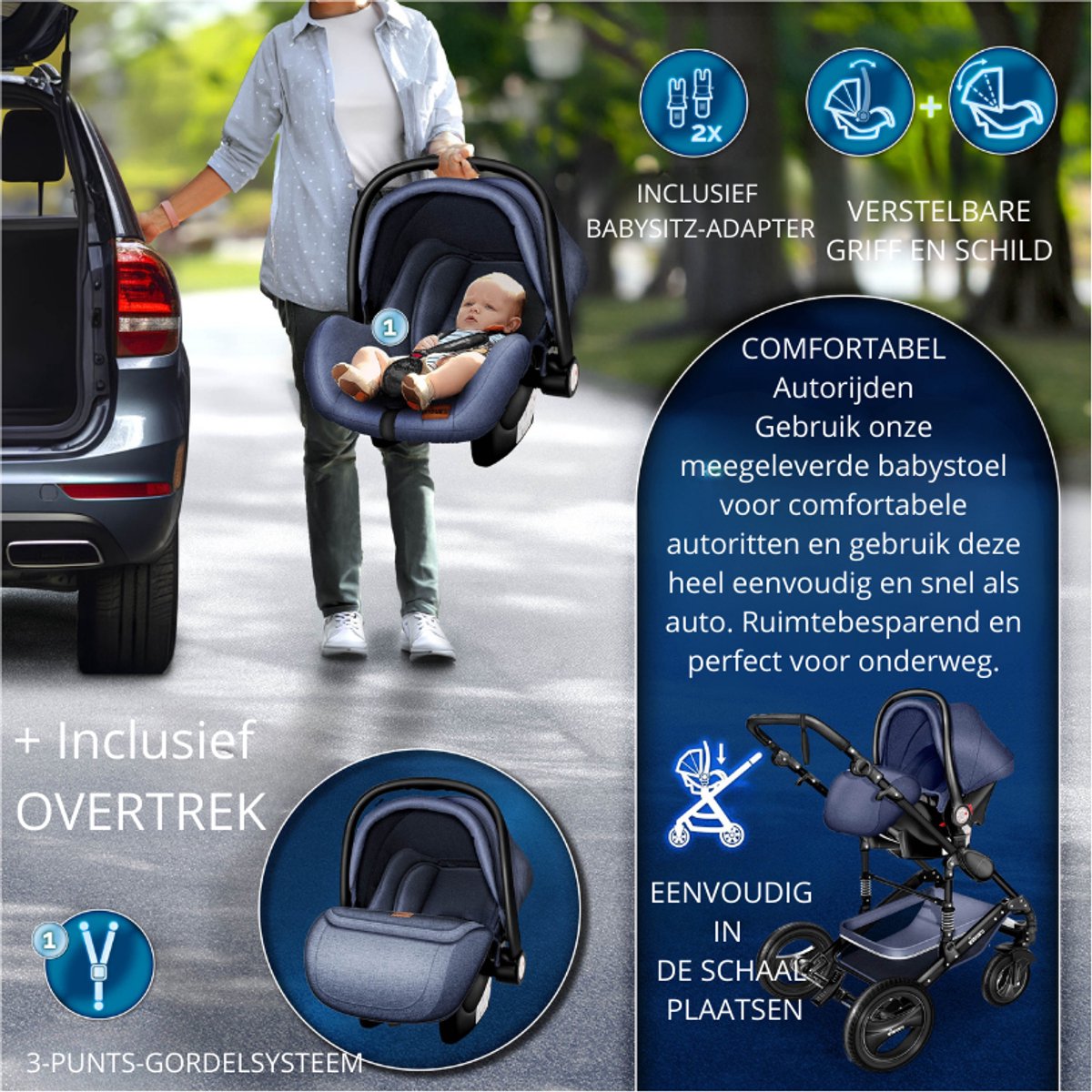Buggy-Kinderwagen 3 in 1-kinderwagens Complete Set -One -Click Opvouwbare Kinderwagen-Kinderwagen Set voor Baby's Pasgeborenen XXL Set-(Zwart / Goud). – foto 5