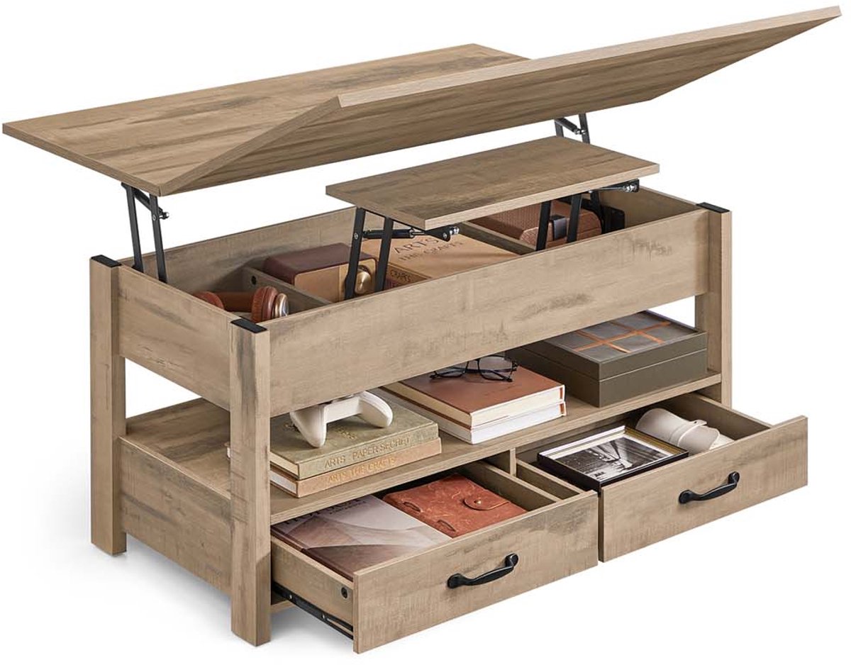 VASAGLE Salontafel - 100x50 cm - in hoogte verstelbaar tafelblad - tafel met 2 laden en 3 verborgen compartimenten - voor woonkamer Thuiskantoor - zandbruin