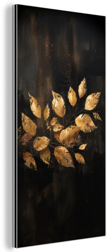 Aluminium schilderij 40x80 cm - Wanddecoratie metaal - Gouden Bladeren op Donkere Achtergrond - Metalen muurdecoratie woonkamer - Decoratie industrieel - Foto op dibond - Industriële accessoires slaapkamer