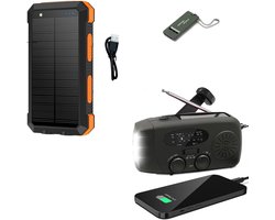 Noodradio Solar Opwindbaar en Batterij - Noodpakket - Draagbare Survival Radio - Inclusief 10.000 mAh Solar Powerbank en Noodfluit - Powerbank Zonneenergie - Bouwradio - Zaklamp - Zwart
