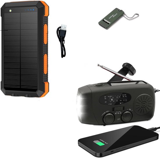Noodradio Solar Opwindbaar en Batterij - Noodpakket - Draagbare Survival Radio - Inclusief 10.000 mAh Solar Powerbank en Noodfluit - Powerbank Zonneenergie - Bouwradio - Zaklamp - Zwart