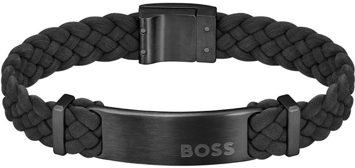 BOSS HBJ1580608M DYLAN Heren Armband - Sieraad - Leer - Zwart - 10 mm breed - 19 cm lang