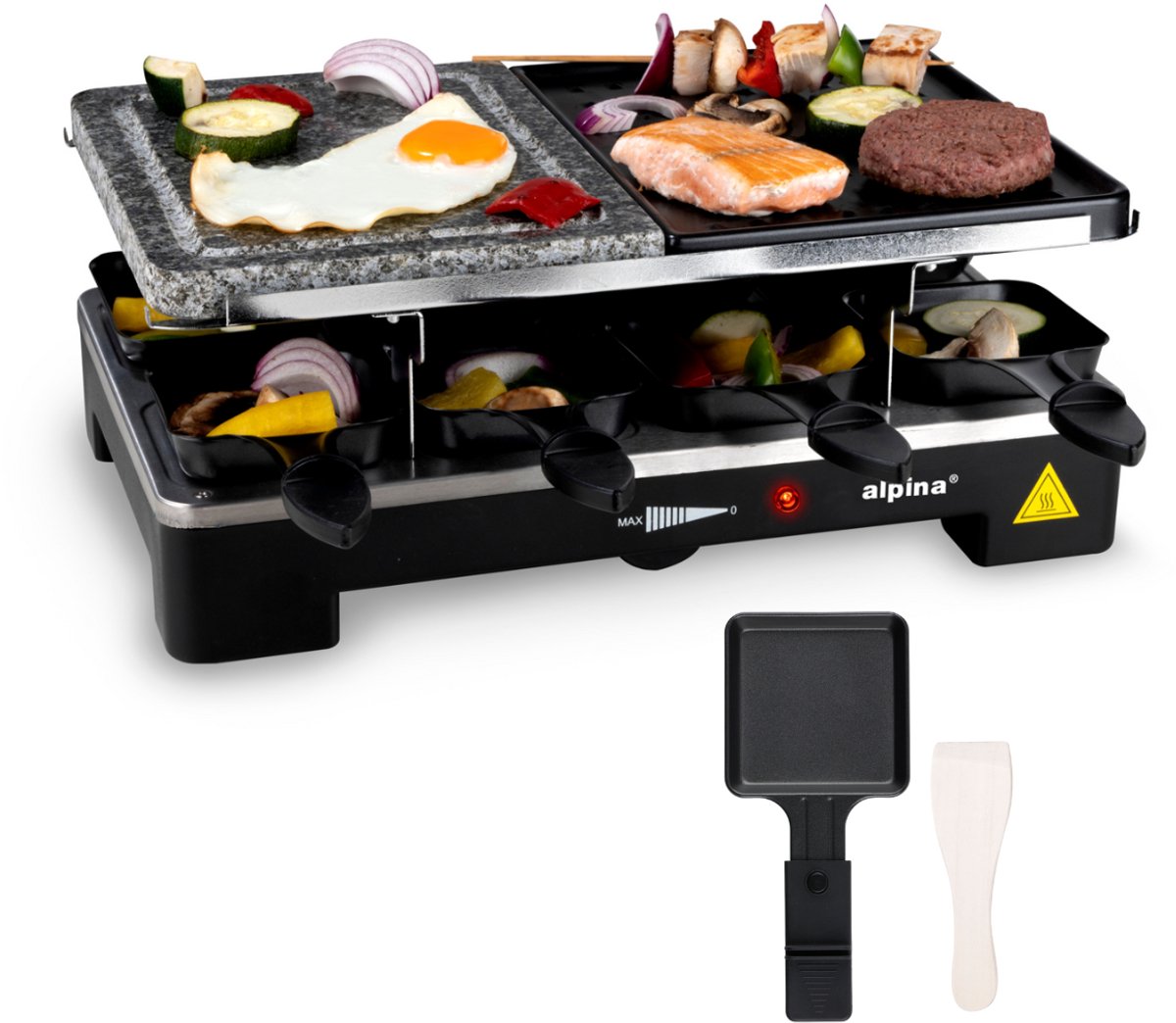 Bol.com alpina Gourmetstel XL 8 Personen - Bakplaat met 8 Raclette Pannetjes en Spatels - Grillplaat met Regelbare Thermostaat -... aanbieding