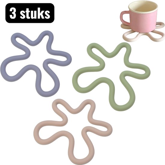 Set van 3 siliconen onderzetters in onregelmatige vormen. Kleuren: paars, groen en roze.