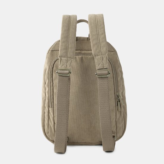 Beige ribfluwelen rugzak, achterkant zichtbaar met verstelbare banden en ritsvak.
