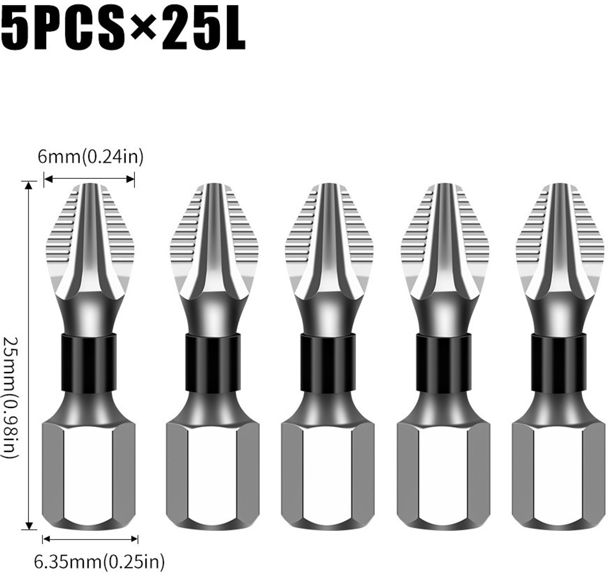 K5 Anti-slip High Hardness Bor - S2 Strong Magnetic 5A Black - Anti-slip Cross Head - Elektrische schroefkoppen - Zilver, 5 stuks 25L