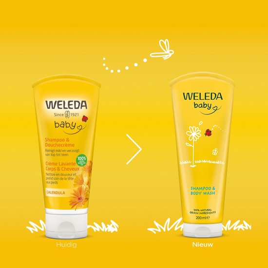 Weleda baby shampoo & douchecrème in gele tube, met bloemillustratie, naast Weleda baby shampoo & body wash.