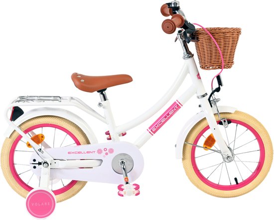 Witte kinderfiets van 14 inch met bruin zadel, rieten mandje en roze accenten.