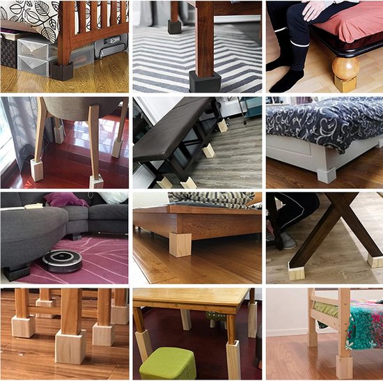 Houten meubelverhoger vierkant - verhoger voor tafel, bed en bank - grenen - 4 stuks - meubelpoten - olifantenpoot - 7 x 7 x 20 cm - houtkleur van Houten — afbeelding 4