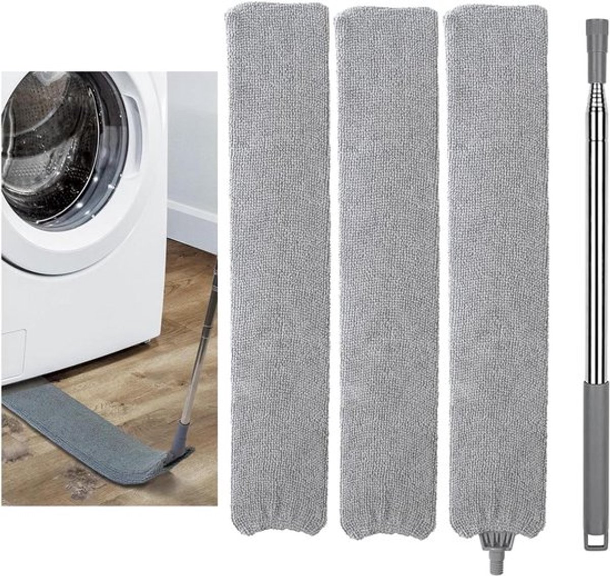 Extendable Dust Cleaning Artifact with Stainless Steel Telescopic Rod and 2 Washable Cloths for Sofa Bed