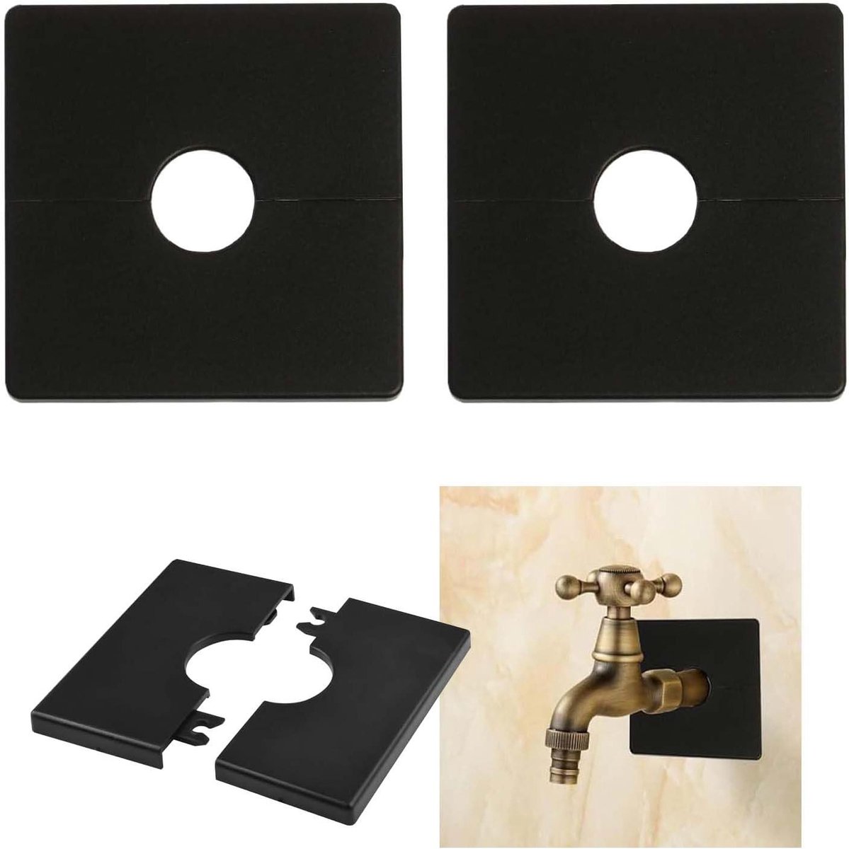 Ronte - Zelfklevende pvc-buisafdekkingen voor douchekranen - Set van 2 - Vierkante rozet - Diameter 28 mm - Zwart - Badkamerdecoratie - Duurzaam - Eenvoudig te installeren