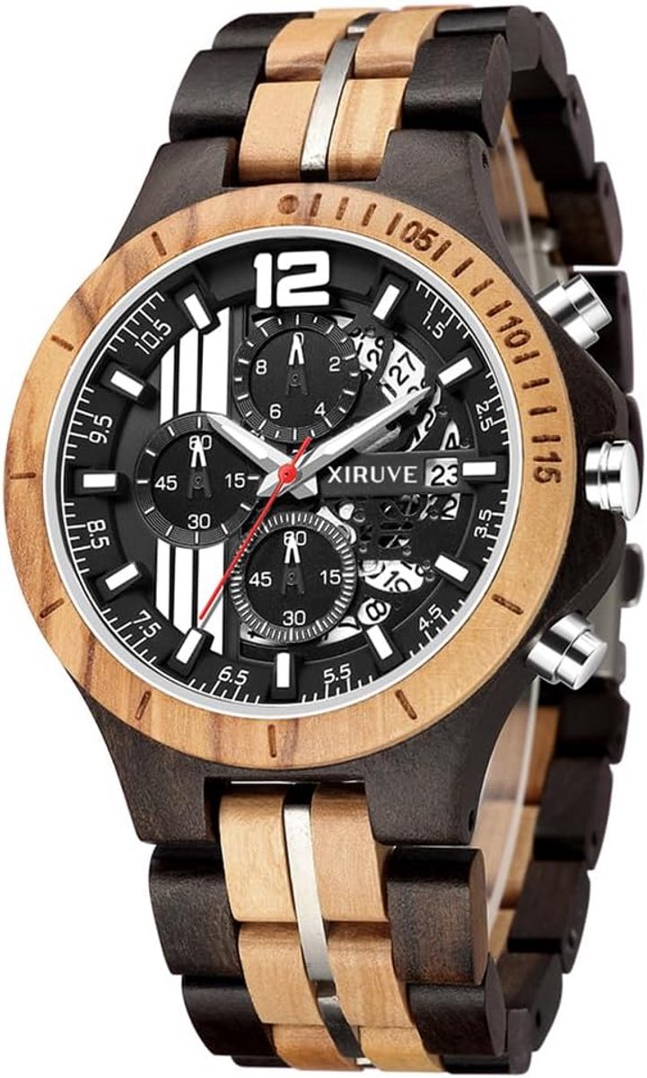 Natuurlijke Houten Quartz Polshorloge voor Heren en Dames - Chronograaf met Kalender en Waterdichte afwerking