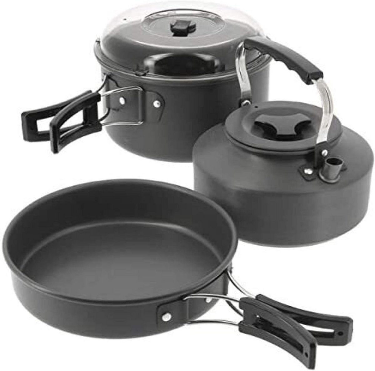 Kookset 3-delig - Pan, Pot met Deksel & Waterketel - Licht Geanodiseerd Aluminium - Stapelbaar