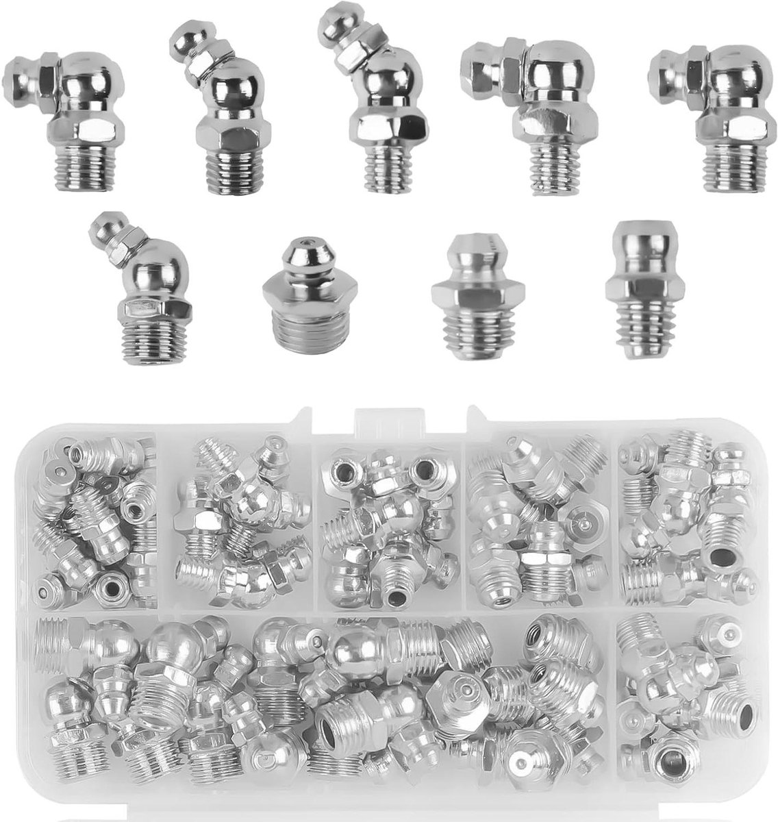 Ronte - Assortiment smeernippels (65 stuks) inclusief 45 graden, 90 graden en 180 graden hoeken, rechte hydraulische vetnippel, precisie-techniek M6, M8, M10, opbergdoos, vernikkeld ijzer.