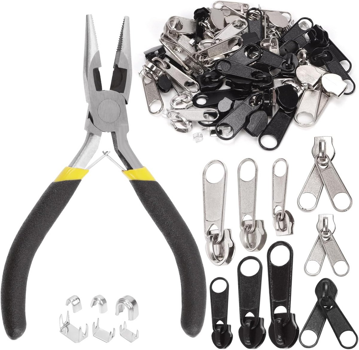 85-delig rits reparatieset met schuifregelaars #3 #5 #8, U-vorm topstops, bodemstoppers en naaldneus tang - voor tassen, tenten, slaapzakken en rugzakken