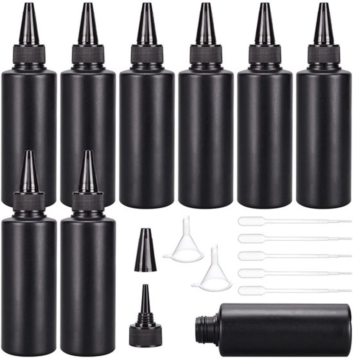 150 ml Zwarte Plastic Knijpflessen - 16 Stuks met Trechters en Transferpipetten