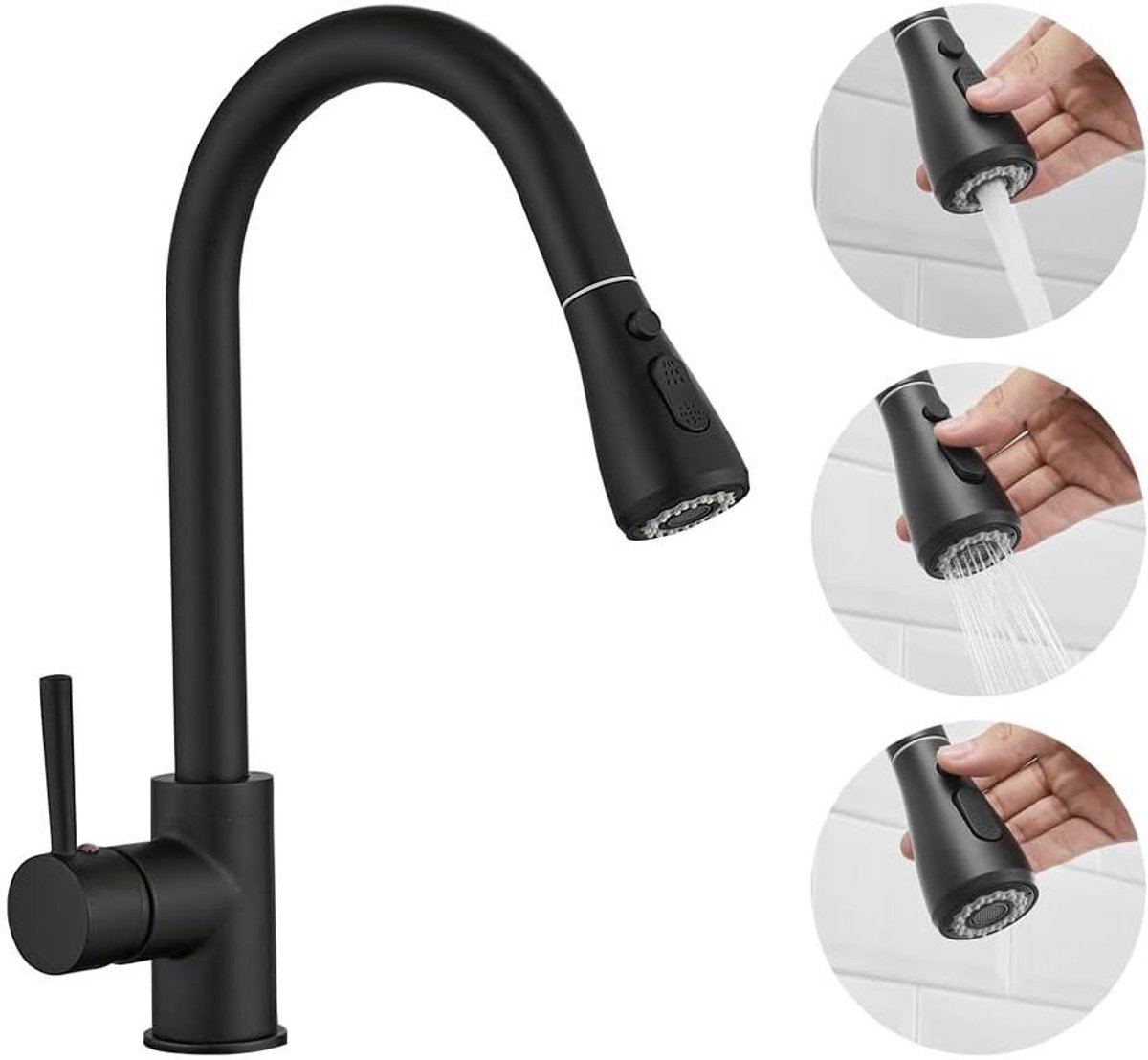 CSGoods - Hoge Boog Keukenkraan met Uittrekbare Sproeier en Enkele Handgreep in Mat Zwart