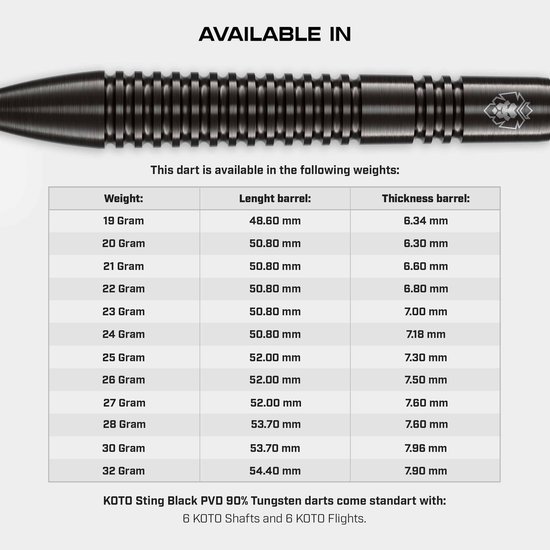 KOTO - Sting Black Tapered - 90% Tungsten - Dartpijlen - 28 Gram - Zwart - Steeldarts van KOTO — afbeelding 2
