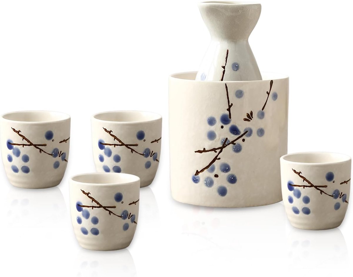 Sake Set - 5 Piece Hand Painted Japanese Cherry Blossom - Sake Cup Warm Wine Jar Traditional Leakage Mugs Wine Glasses Crafts Gift Plum