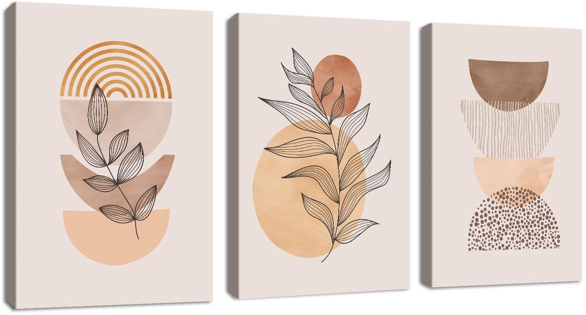 Stunq® Esthetische Boho Geometrische Canvas Wanddecoratie Set van 3 Stuks met Lijst in Lic