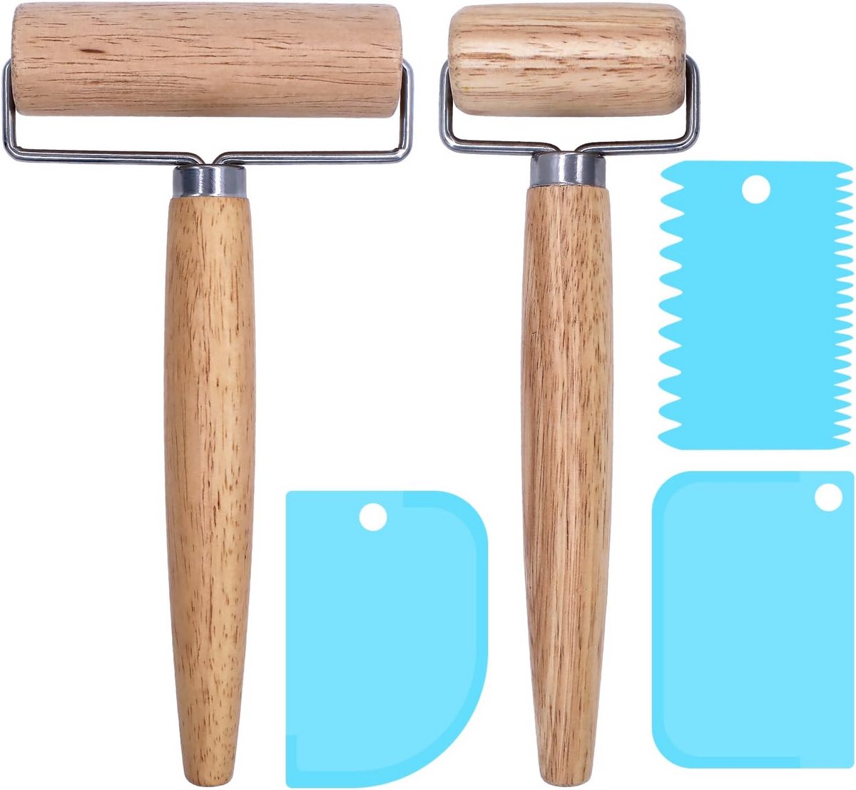 5-delige Deegroller Set Hout (2 Rollers & 3 Schrapers) voor Pizza, Taart en Kneden