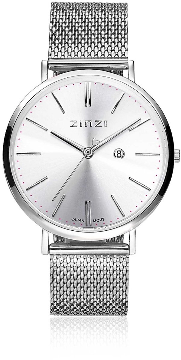 Zinzi Retro horloge zilvergekleurde wijzerplaat en kast stalen mesh band 38mm extra dun ZIW402M