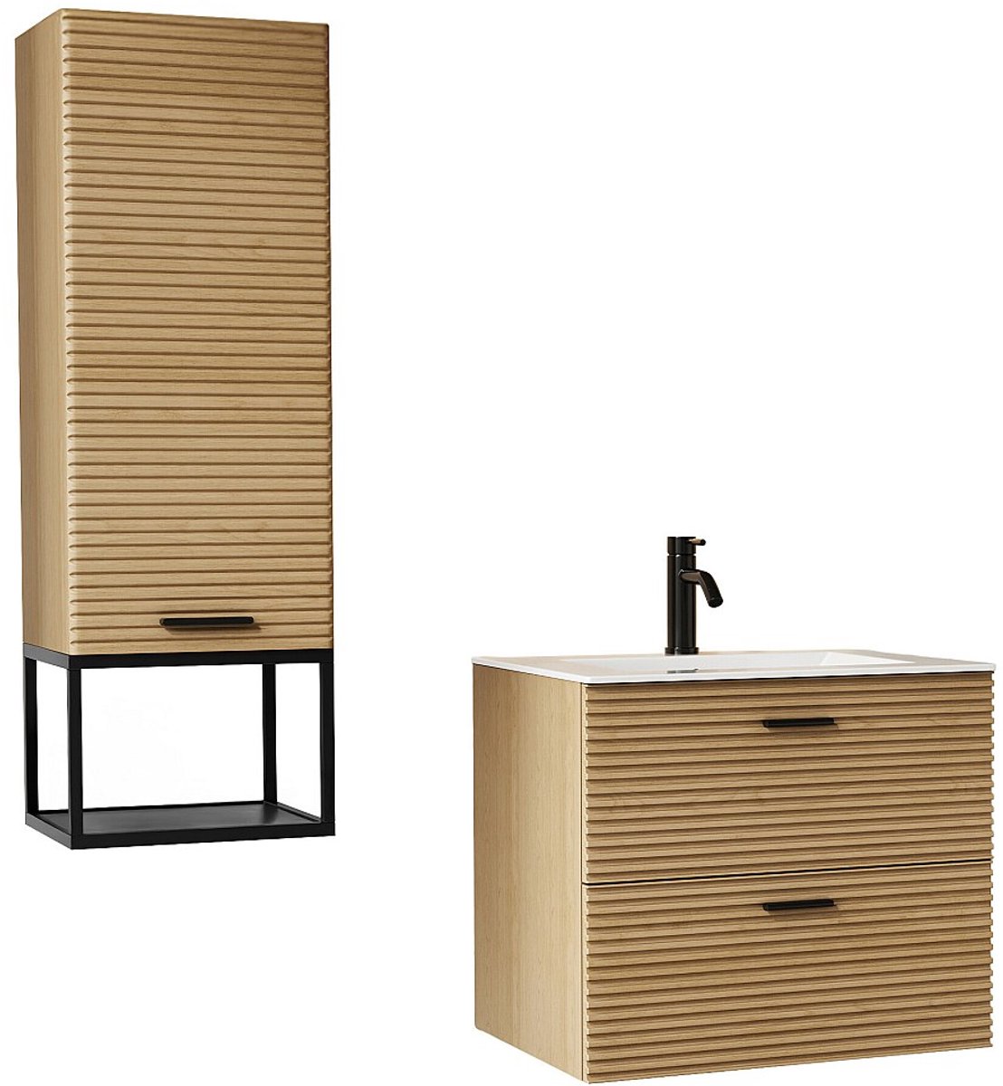 Vente-unique Zwevend geribbeld badkamermeubel met inbouwwastafel, kraan en kast met nis - 2 lades - Licht natuurlijk - 60 cm - SARONE