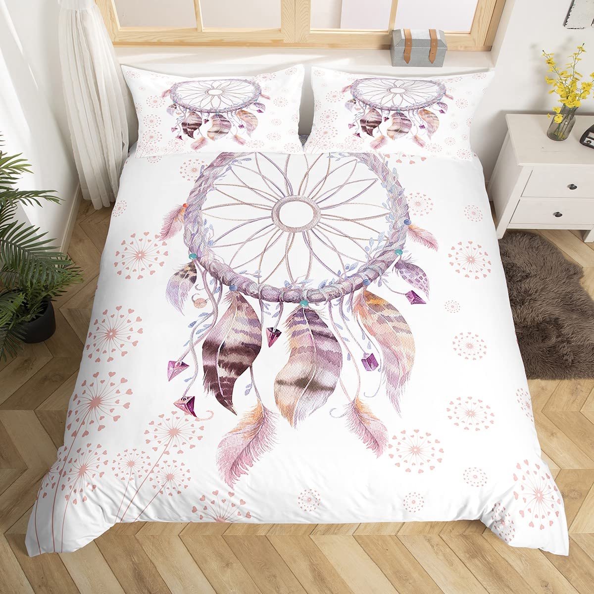 Unyqoos Bohemien Dromenvanger Dekbedovertrekset met Botanische en Veer Motieven Meerkleurig