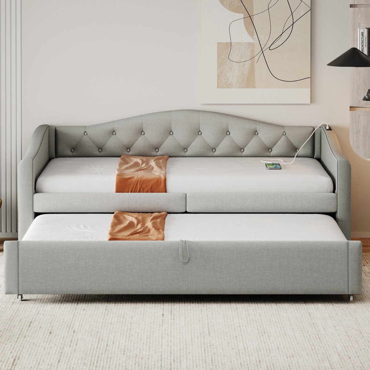 Wishdor Slaapbank Met Lattenbodem - Uittrekbaar - Met USB-Aansluiting - Gestoffeerd Linnen - Grijs - 90 x 200 cm