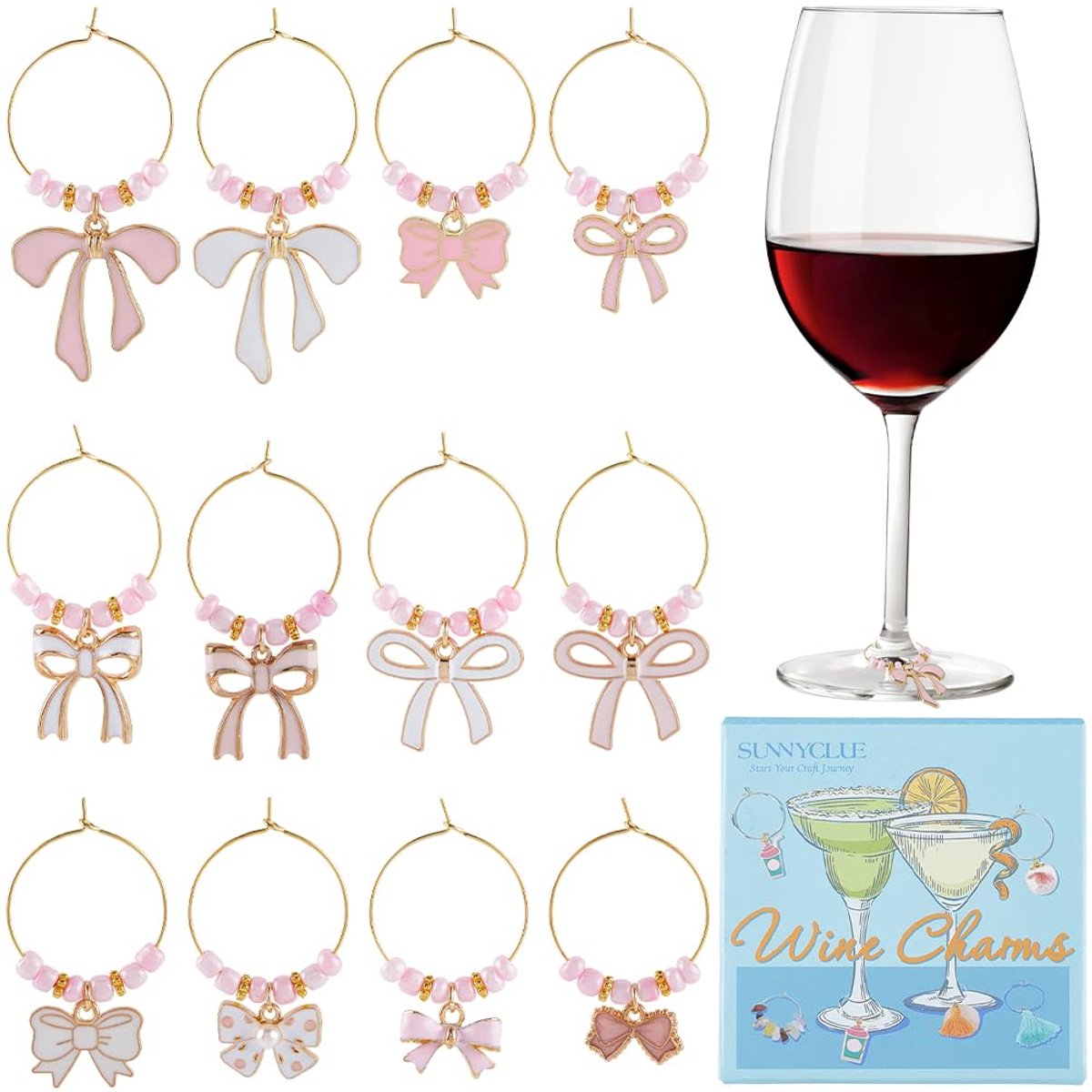 SUNNYCLUE 12 Stijlen Boog Drinken Charms Drinken Tag Charms Bulk Roze Leuke Kawaii Legering Emaille Strik Labels Cups Stem Identifier Gouden Markers Wijnglas Labels voor Party Favor Proeverij Supplies