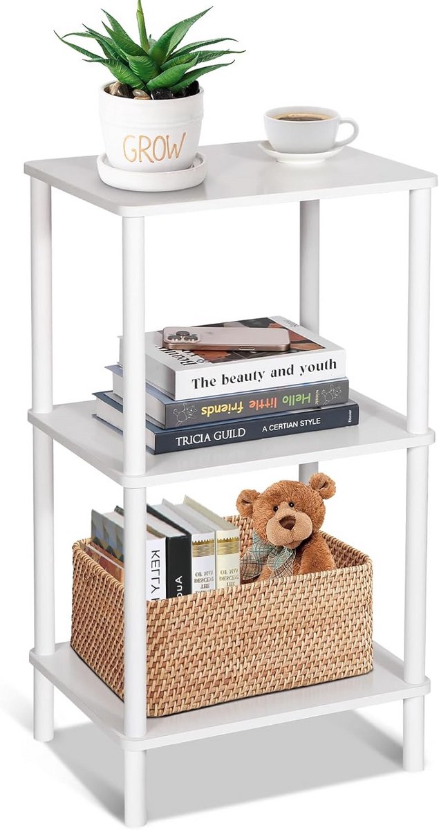 Smal bijzettafel Wit 3 Lagen - Compact Nachtkastje voor Woonkamer en Slaapkamer - 40x30x74 cm