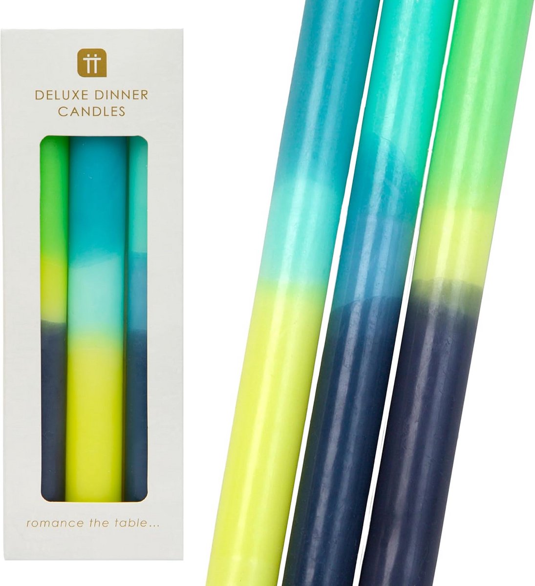 Set van 3 Lange Steekkaarsen, Marmerlook Blauw Geel Groen, Geurloos Dinerkaarsen