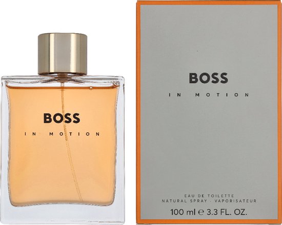 Fles en doosje BOSS IN MOTION eau de toilette 100 ml. Grijze doos met oranje rand.