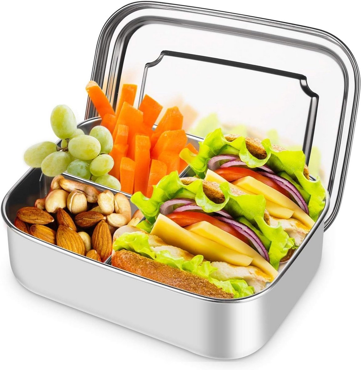 RVS Lunchtrommel met 3 Vakken - Lekvrij Broodtrommel 1400ml voor School en Werk