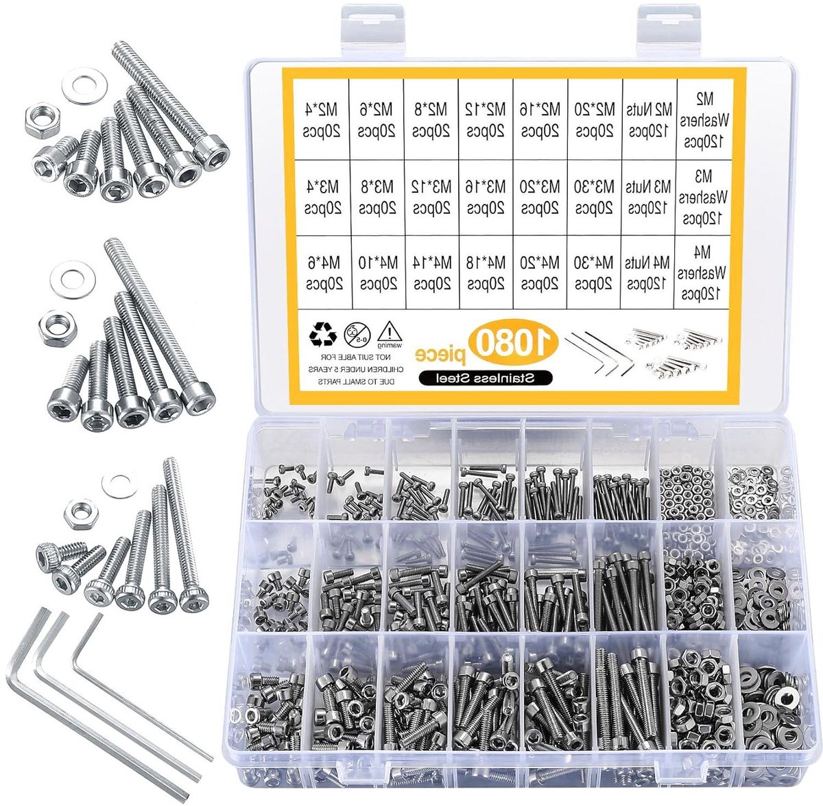 Provento - Assortiment Roestvrij Stalen Cilindrische Schroeven met Inwendige Zeskant, 1080 Stuks, M2 M3 M4 Schroeven, Moeren en Ringen - Machine Schroefdraad