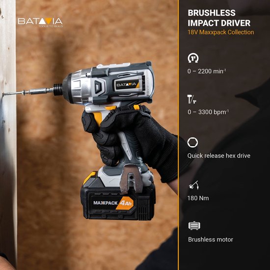 Batavia 18V Brushless Accu Slagschroevendraaier 180 Nm Incl. 2.0Ah Accu & Lader