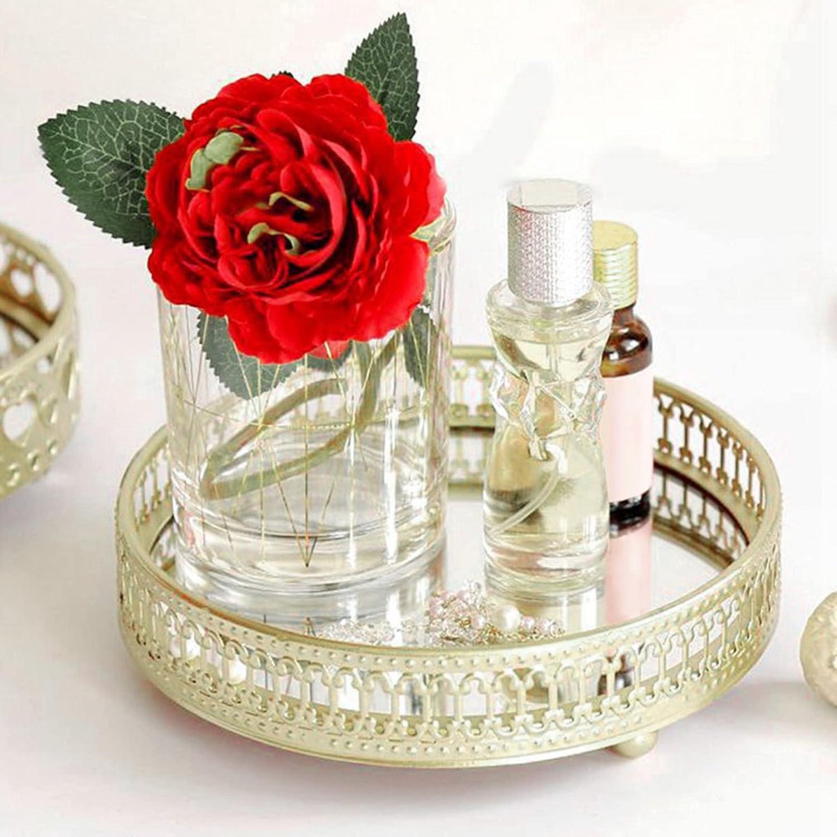 Ronte - Decoratief Dienblad Spiegel Goud Metaal Rond - Sieraden Opbergvak - Cosmetica Parfum Organisator - Make-up Lade - Opslag - Verticaal Patroon - Luxe Design - Home Decor - Functioneel Design