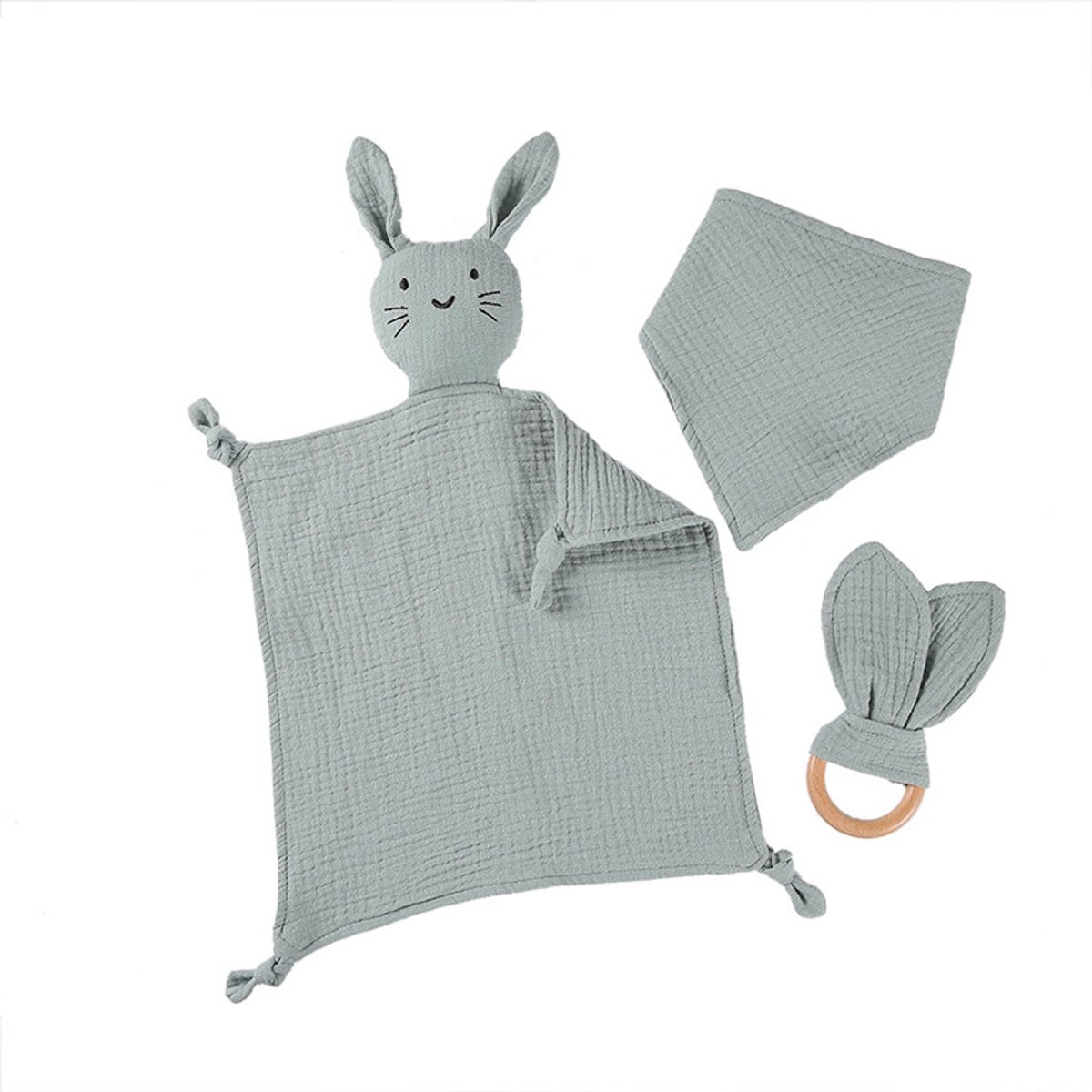 Cadeauset voor pasgeborenen - Geschikt voor zowel jongens als meisjes - Bevat een driedelige babycadeauset - inclusief een knuffelkonijntje, houten bijtring en slabbetje - Geschikt voor pasgeborenen - Knuffeldekentje 30 x 30 cm -Groen