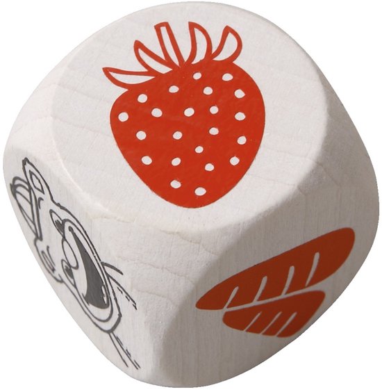 Houten dobbelsteen met opdruk: aardbei, wortel en konijn.