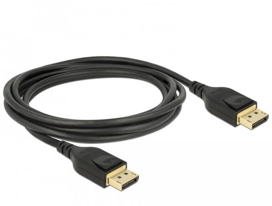 Un câble DisplayPort noir, enroulé, avec deux connecteurs plaqués or.