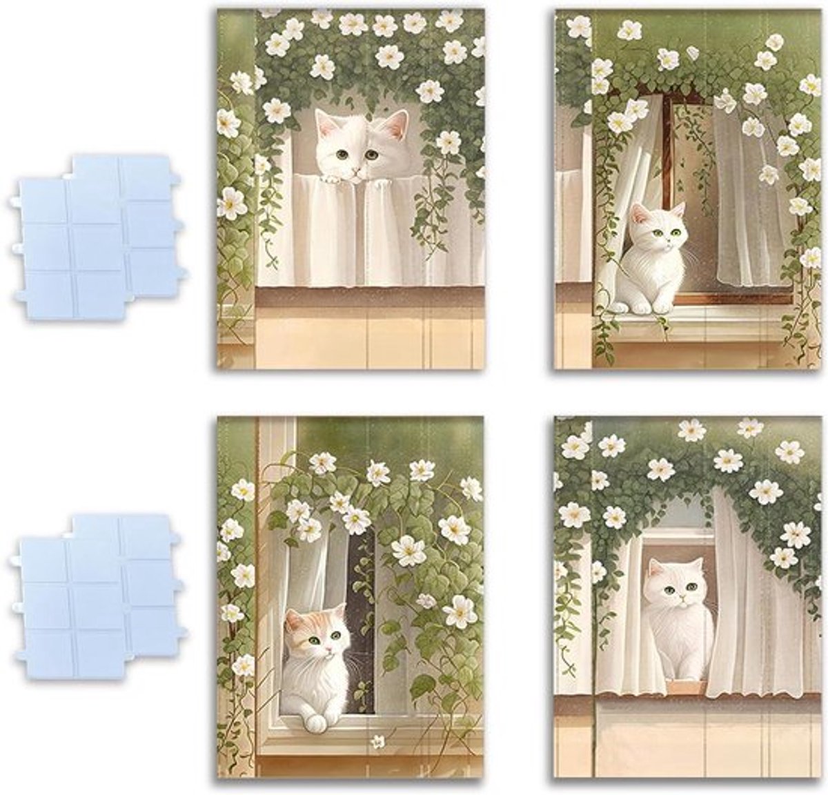 Set van 4 kattenafbeeldingen voor kinderkamer - zonder lijst - decoratie met dubbelzijdig plakband