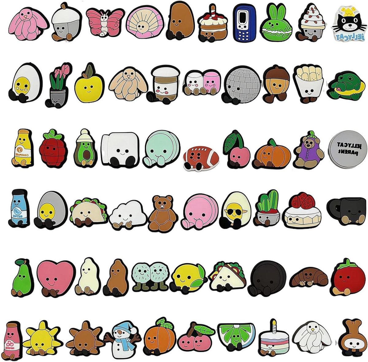 Ronte - Schattige dieren- en voedselbedelschoenen | Set van 60 stuks | Waterdicht PVC | Leuke kledingaccessoires voor tieners