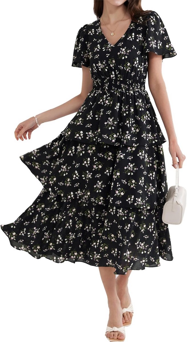Dames zomerjurk V-hals korte mouwen bloemen A-lijn elegant maxi